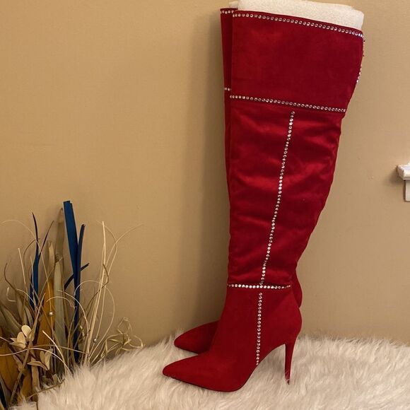 NWOT Jessica Simpson Women's Red Studded Pointed Toe Over Knee Boots Size: 9 - Picture 4 of 16